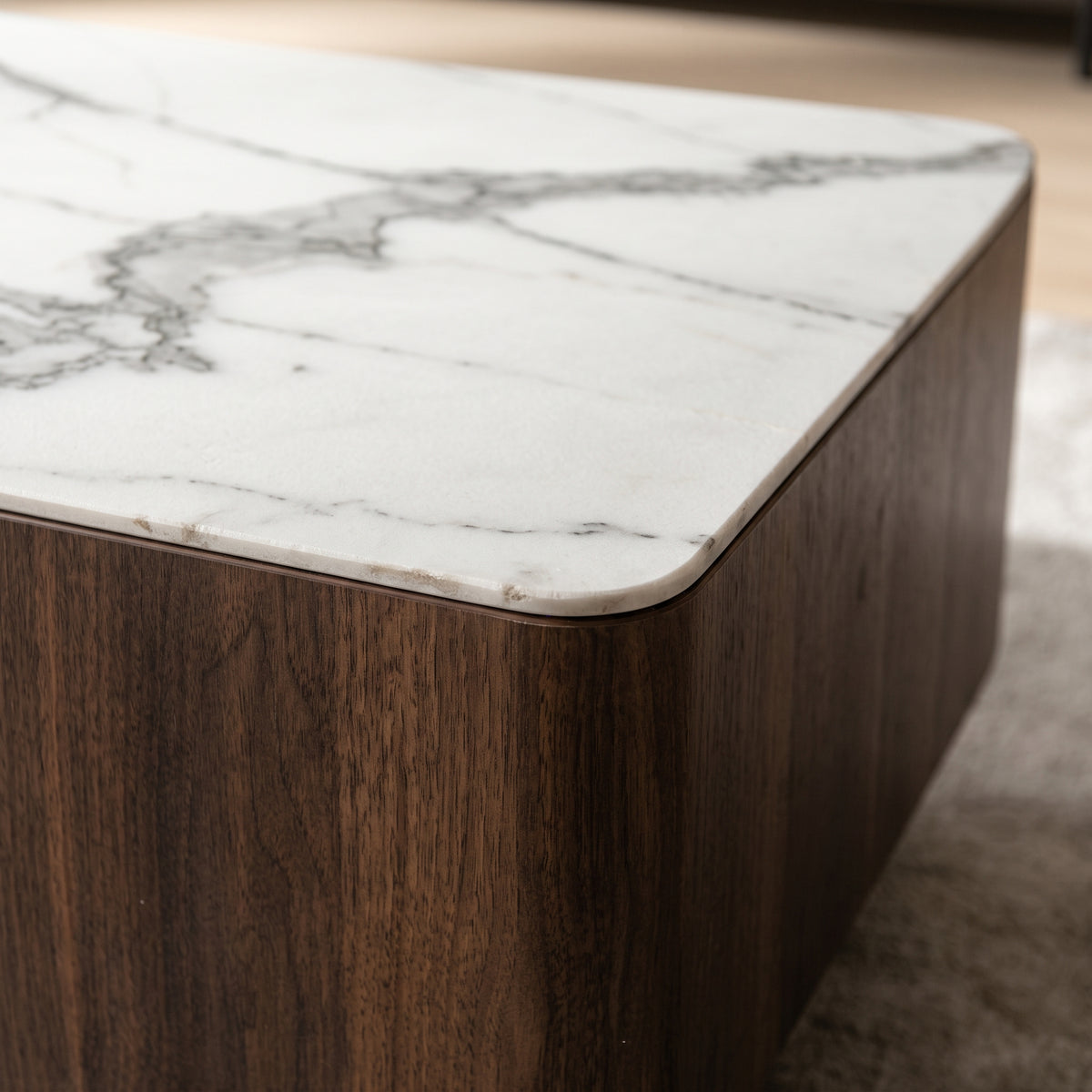 Ensemble table basse et meuble TV marbre blanc et acier inoxydable