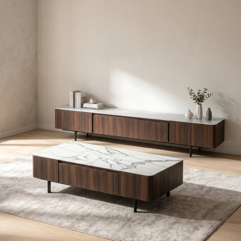 Ensemble table basse et meuble TV marbre blanc et acier inoxydable