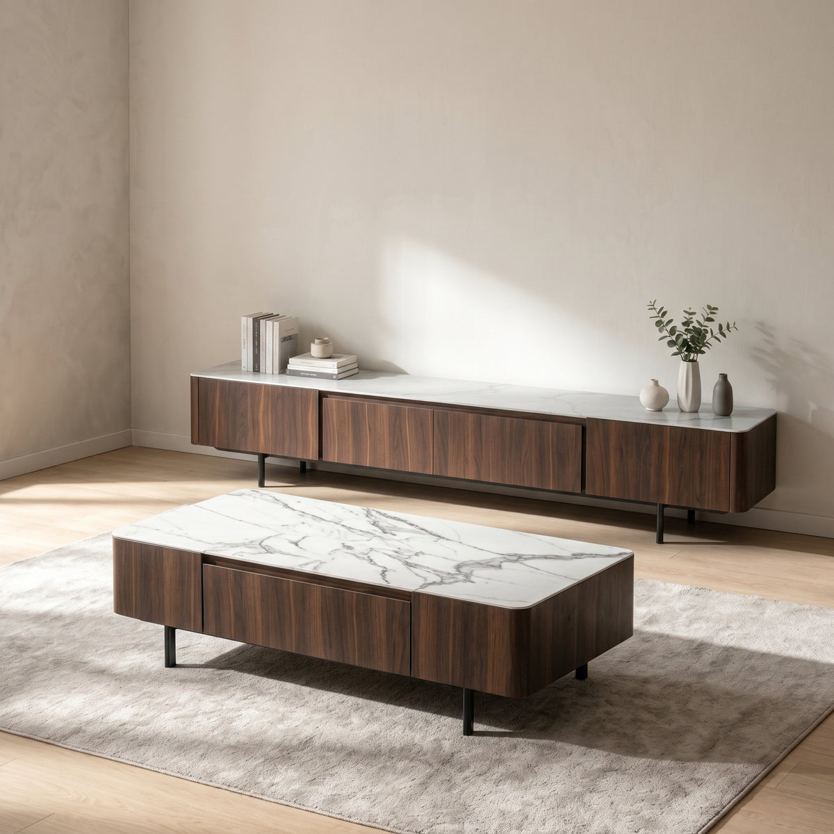 Ensemble table basse et meuble TV marbre blanc et acier inoxydable