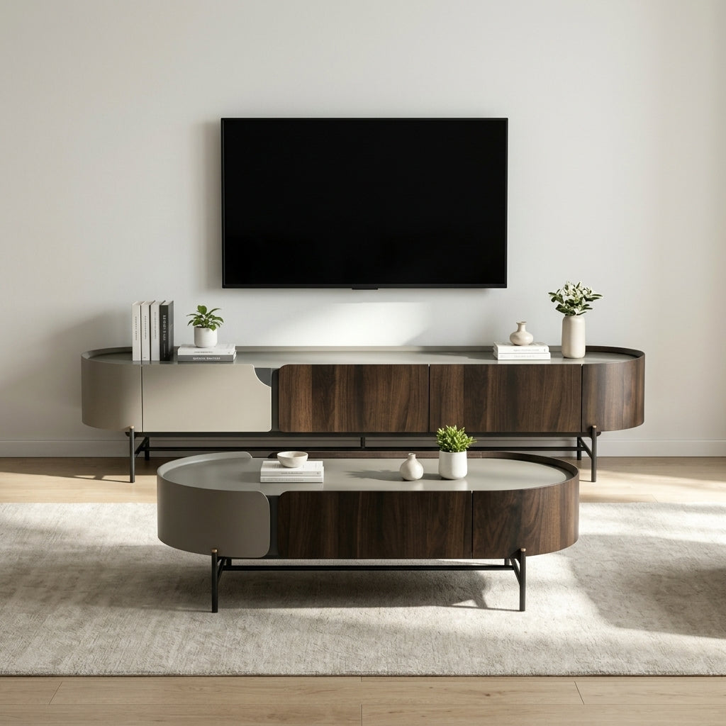 Ensemble table basse et meuble TV laqué gris mat et laiton brossé