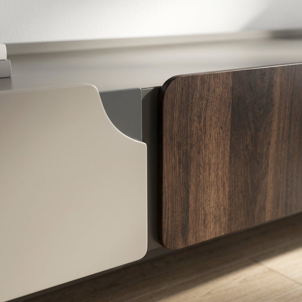 Ensemble table basse et meuble TV laqué gris mat et laiton brossé