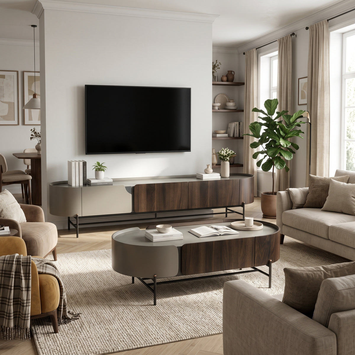 Ensemble table basse et meuble TV laqué gris mat et laiton brossé
