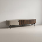 Ensemble table basse et meuble TV laqué gris mat et laiton brossé