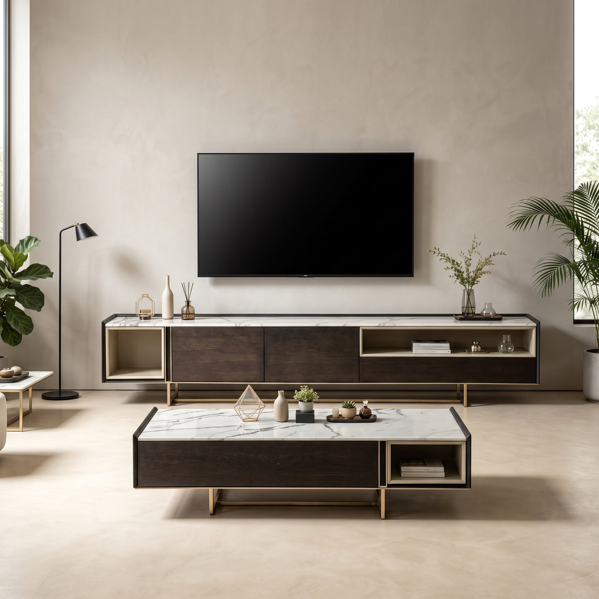 Ensemble table basse et meuble TV bois fumé et finition champagne