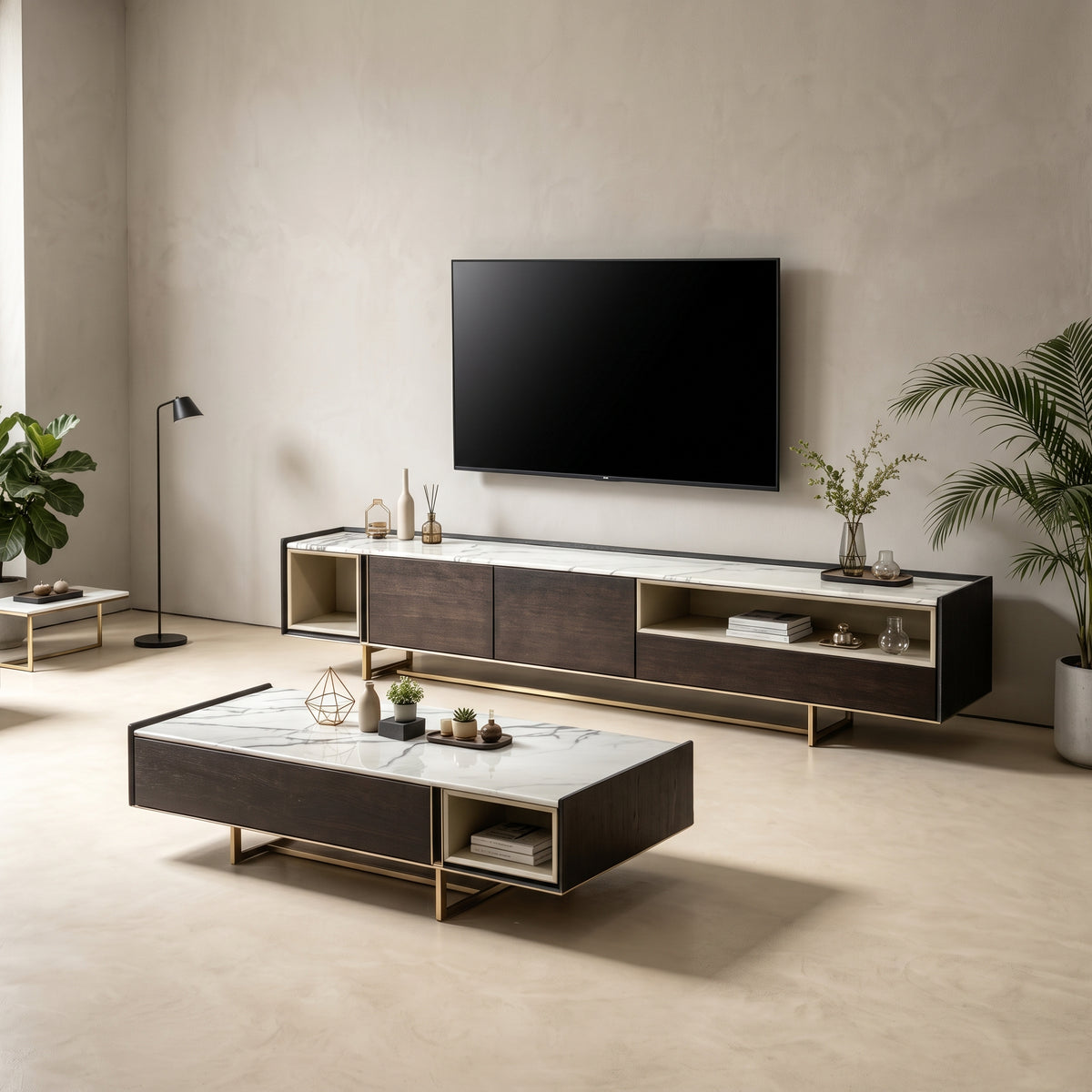 Ensemble table basse et meuble TV bois fumé et finition champagne