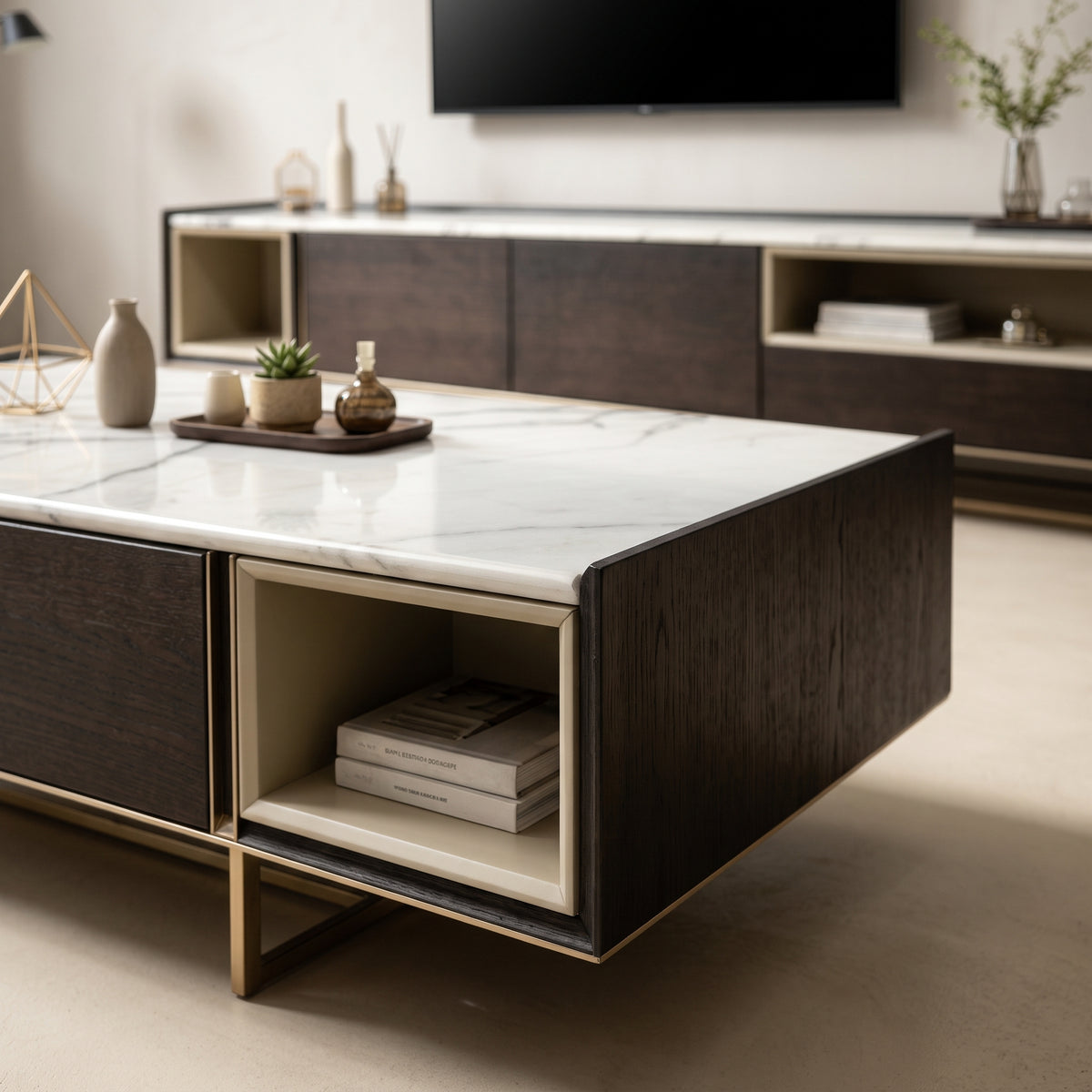 Ensemble table basse et meuble TV bois fumé et finition champagne