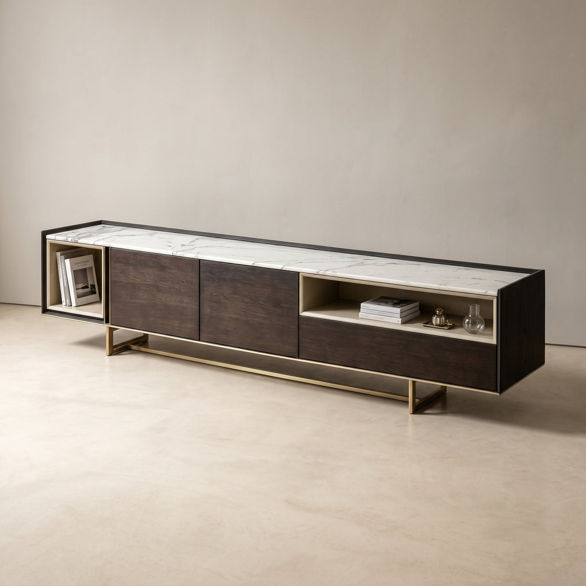 Ensemble table basse et meuble TV bois fumé et finition champagne