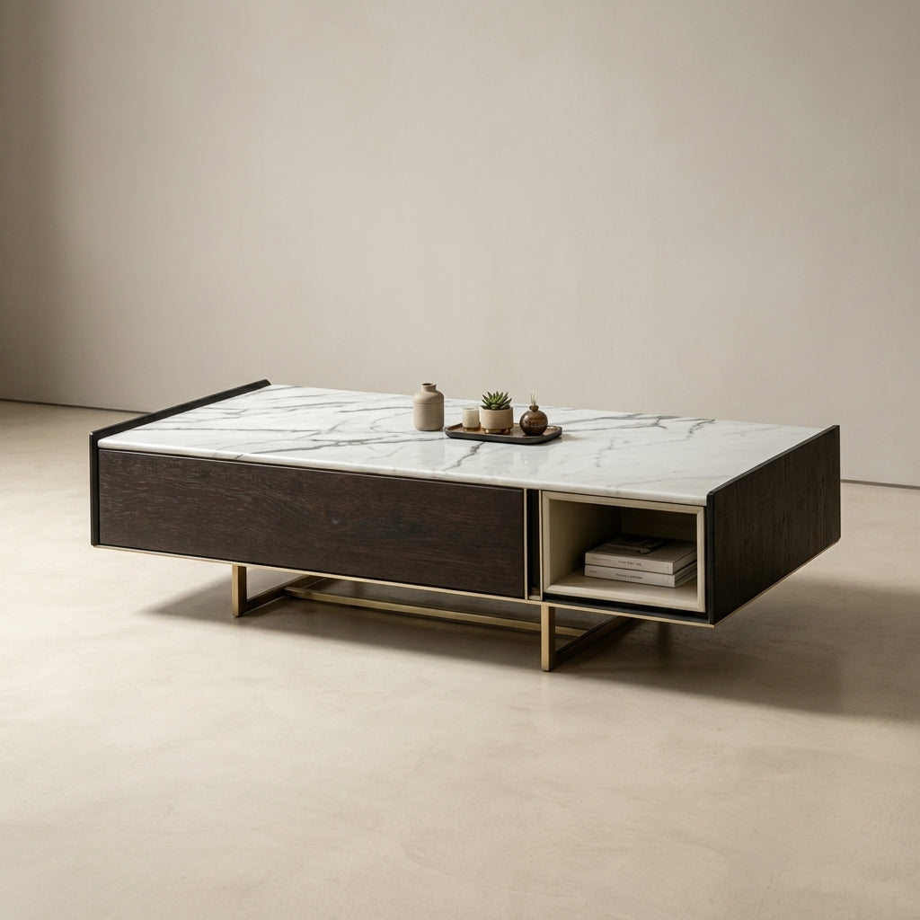Ensemble table basse et meuble TV bois fumé et finition champagne