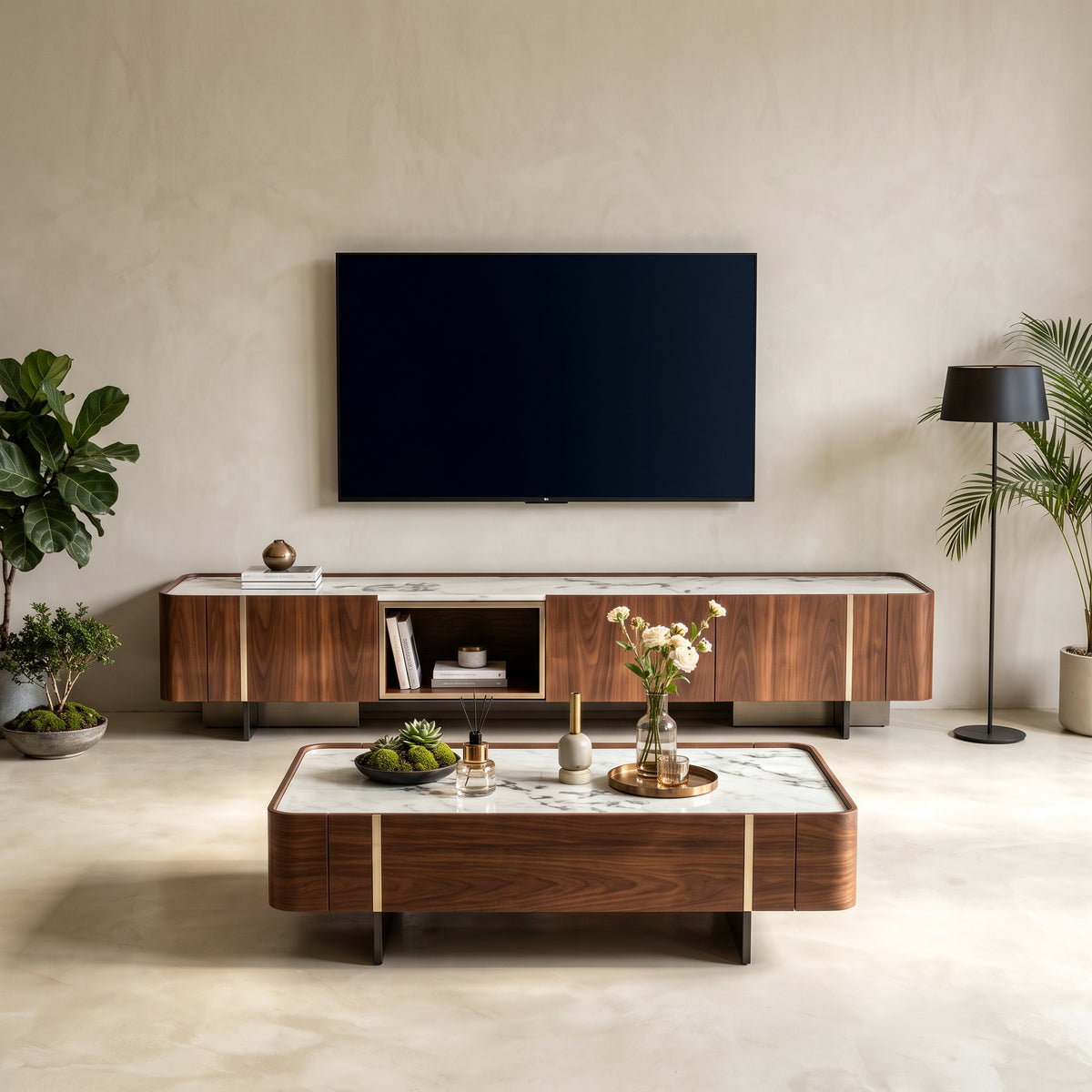 Ensemble table basse et meuble TV pierre naturelle Picasso et acier poli