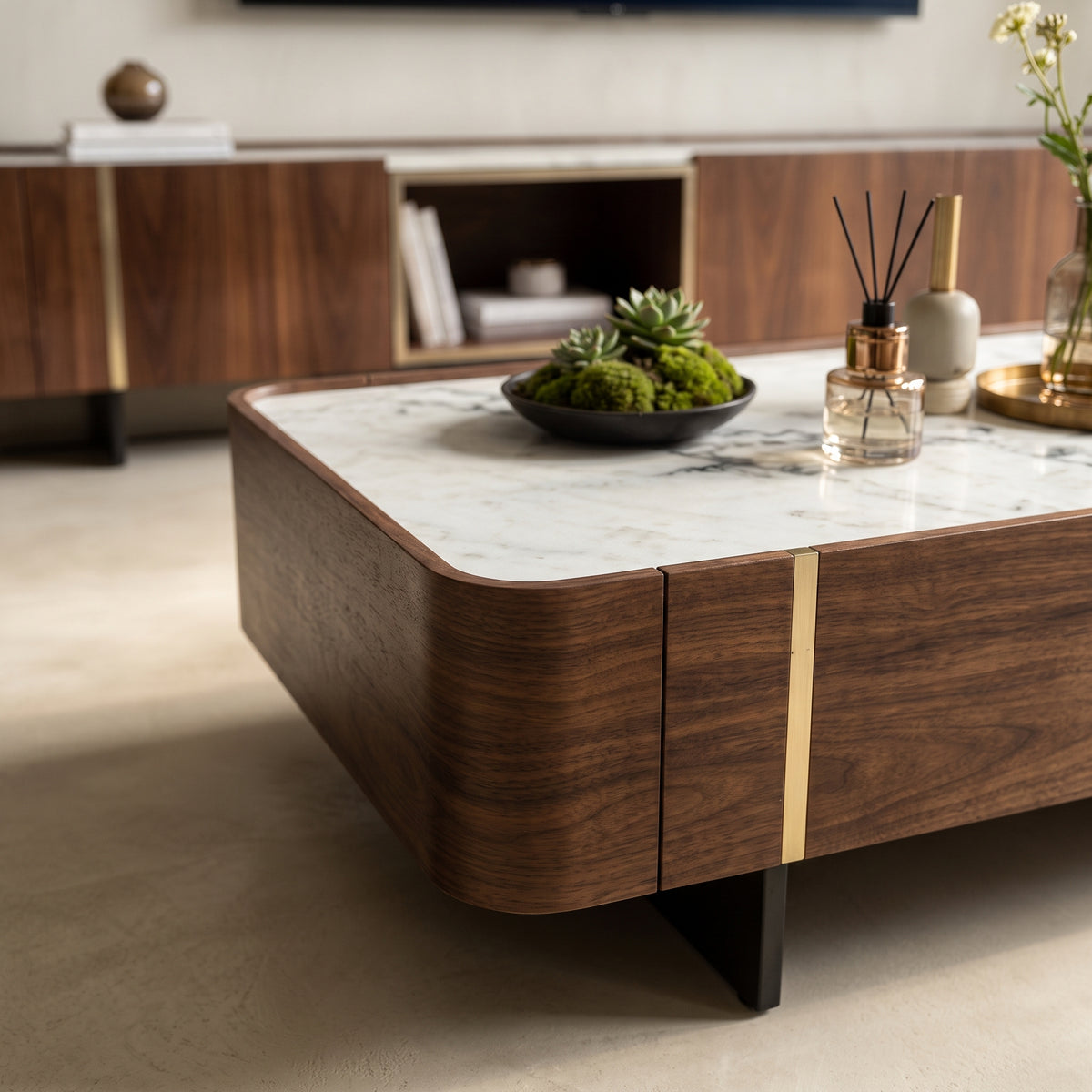 Ensemble table basse et meuble TV pierre naturelle Picasso et acier poli
