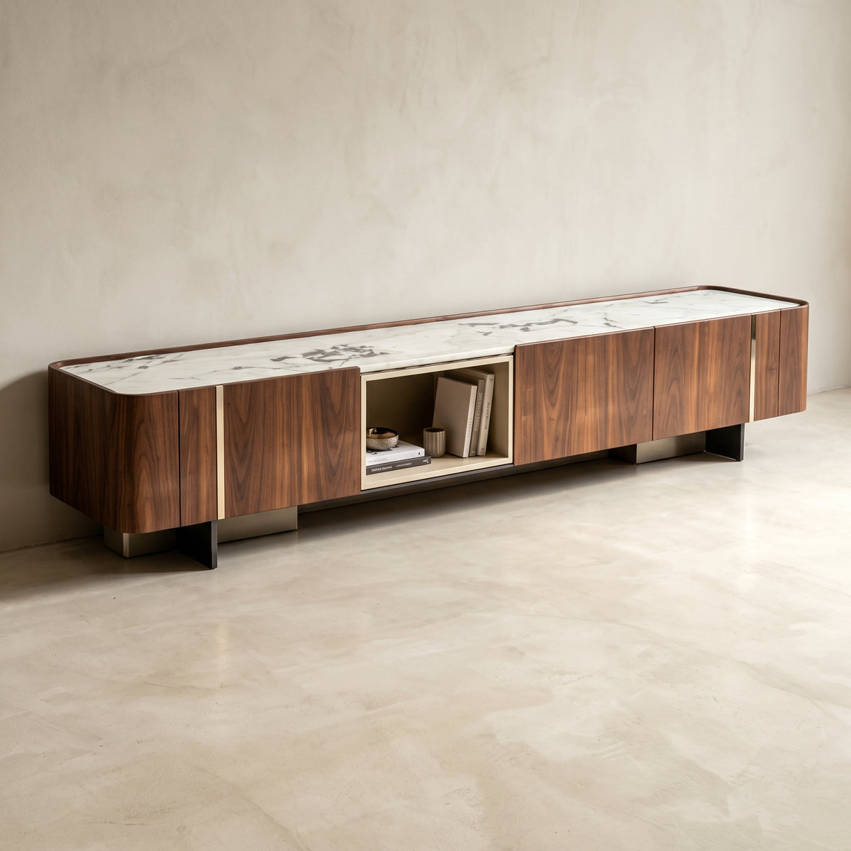 Ensemble table basse et meuble TV pierre naturelle Picasso et acier poli