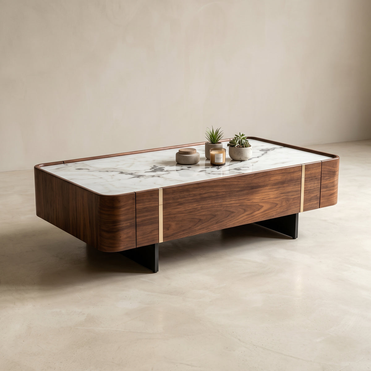Ensemble table basse et meuble TV pierre naturelle Picasso et acier poli