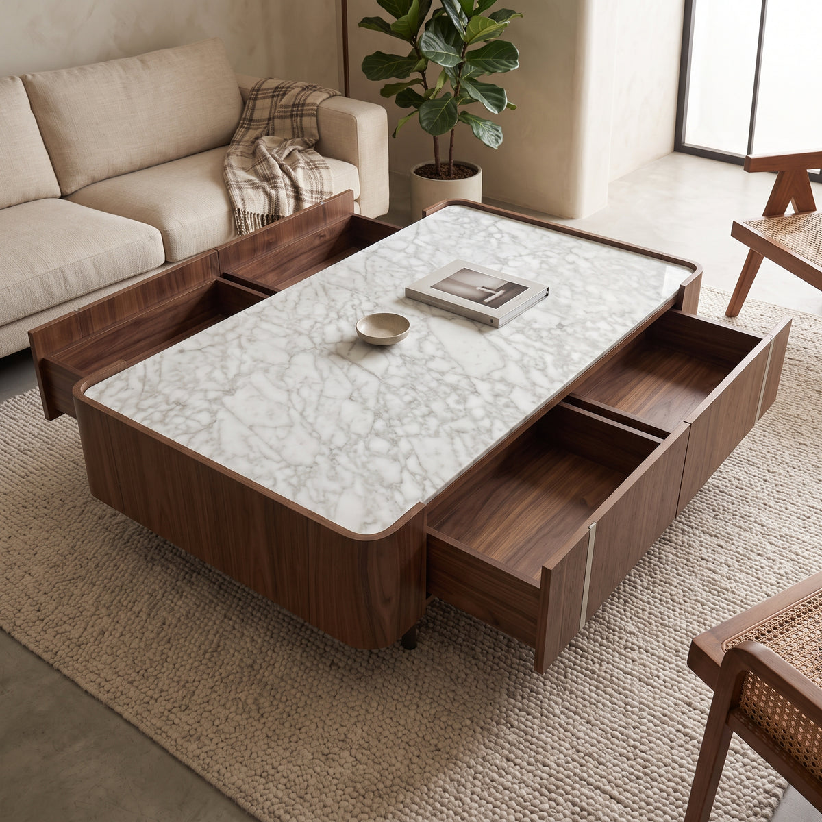 Ensemble table basse et meuble TV pierre naturelle Picasso et acier poli