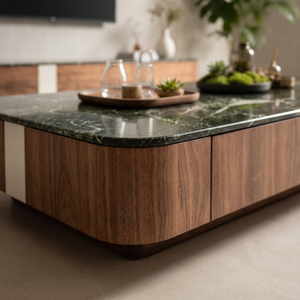 Ensemble table basse carrée et meuble TV, noyer et pierre verte Green Forest