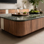 Ensemble table basse carrée et meuble TV, noyer et pierre verte Green Forest