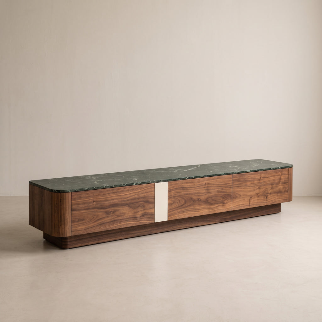 Ensemble table basse carrée et meuble TV, noyer et pierre verte Green Forest