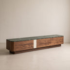 Ensemble table basse carrée et meuble TV, noyer et pierre verte Green Forest
