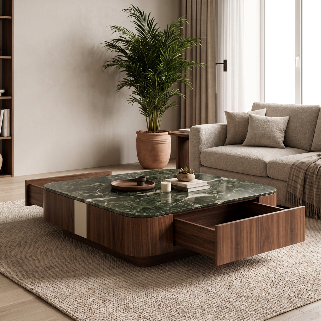 Ensemble table basse carrée et meuble TV, noyer et pierre verte Green Forest
