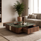 Ensemble table basse carrée et meuble TV, noyer et pierre verte Green Forest