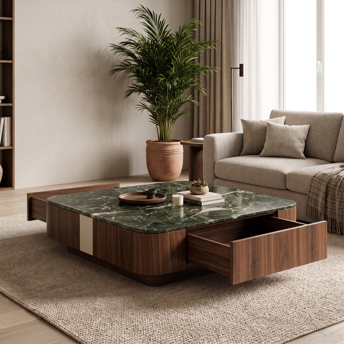 Ensemble table basse carrée et meuble TV, noyer et pierre verte Green Forest